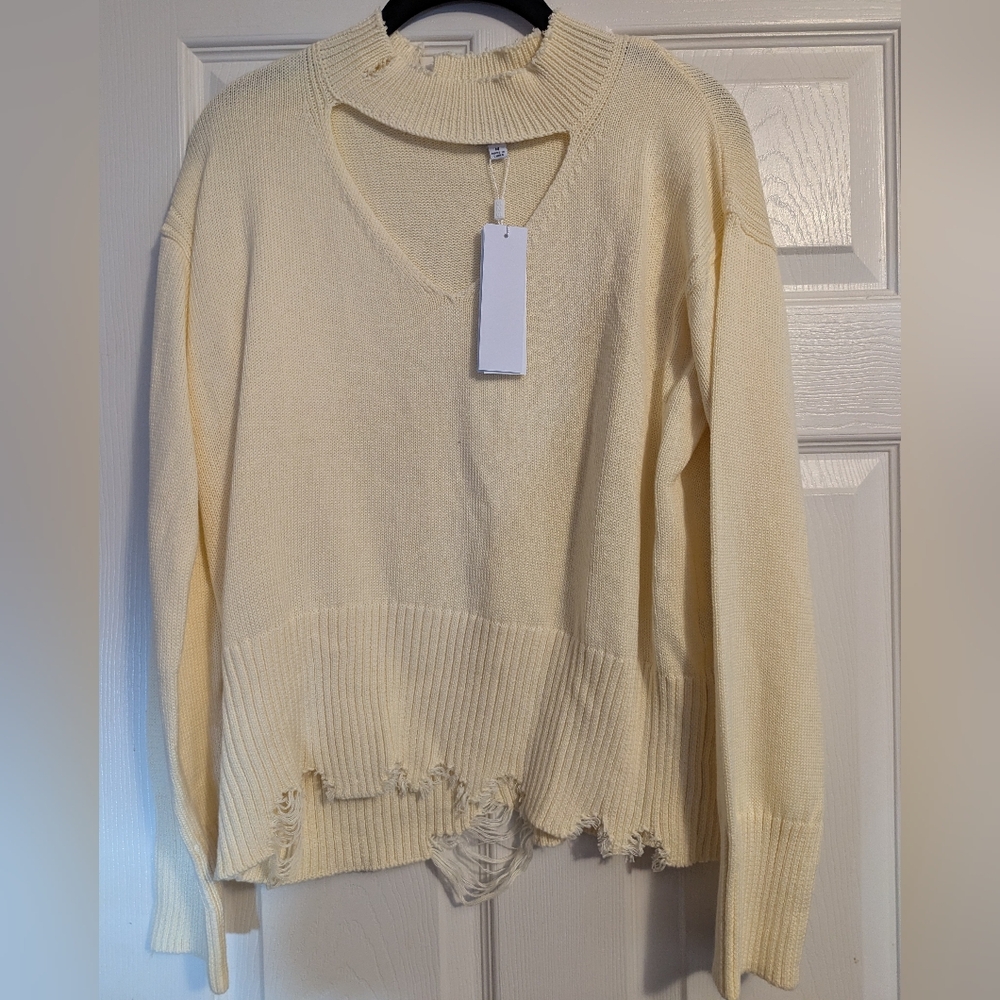 525 America Cream V-Neck Distressed Sweater NWT